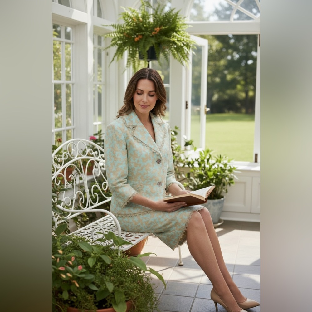 Doncaster Silk & linen Butterfly Print Skirt & Blazer Suit Mint Green & Tan